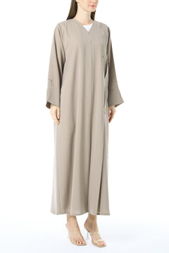 Beige Tokyo Crepe Abaya with Klosh Cut and Front Embroidery Detail