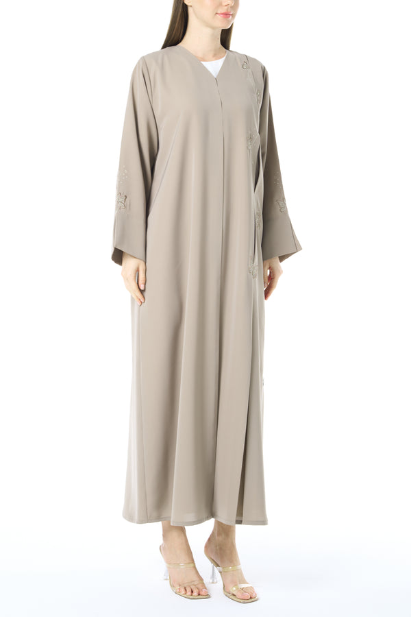 Beige Tokyo Crepe Abaya with Klosh Cut and Front Embroidery Detail