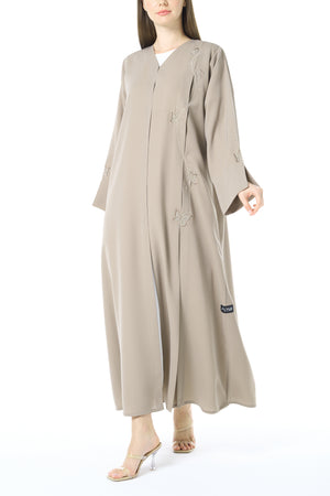 Beige Tokyo Crepe Abaya with Klosh Cut and Front Embroidery Detail