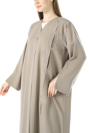 Beige Tokyo Crepe Abaya with Klosh Cut and Front Embroidery Detail