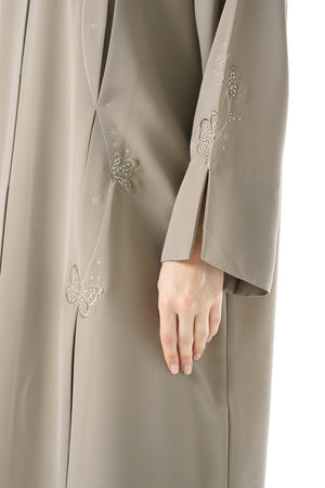 Beige Tokyo Crepe Abaya with Klosh Cut and Front Embroidery Detail