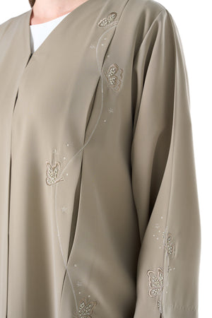 Beige Tokyo Crepe Abaya with Klosh Cut and Front Embroidery Detail