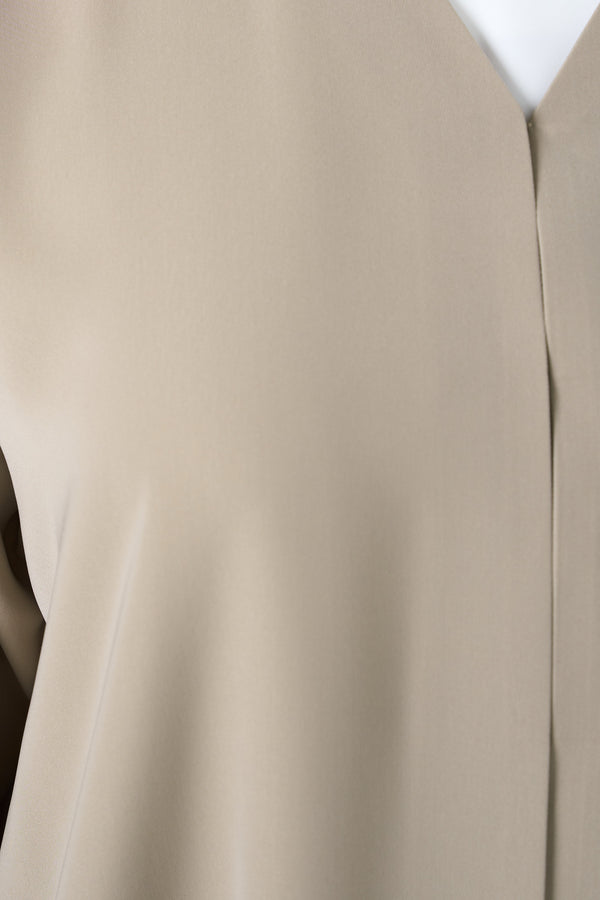 Beige Tokyo Crepe Abaya with Klosh Cut and Front Embroidery Detail