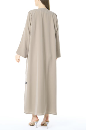Beige Tokyo Crepe Abaya with Klosh Cut and Front Embroidery Detail