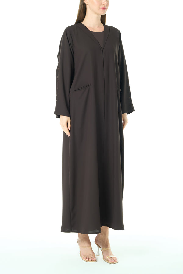Brown Cool Crepe Abaya with Front Beadwork