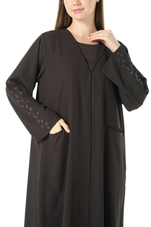 Brown Cool Crepe Abaya with Front Beadwork