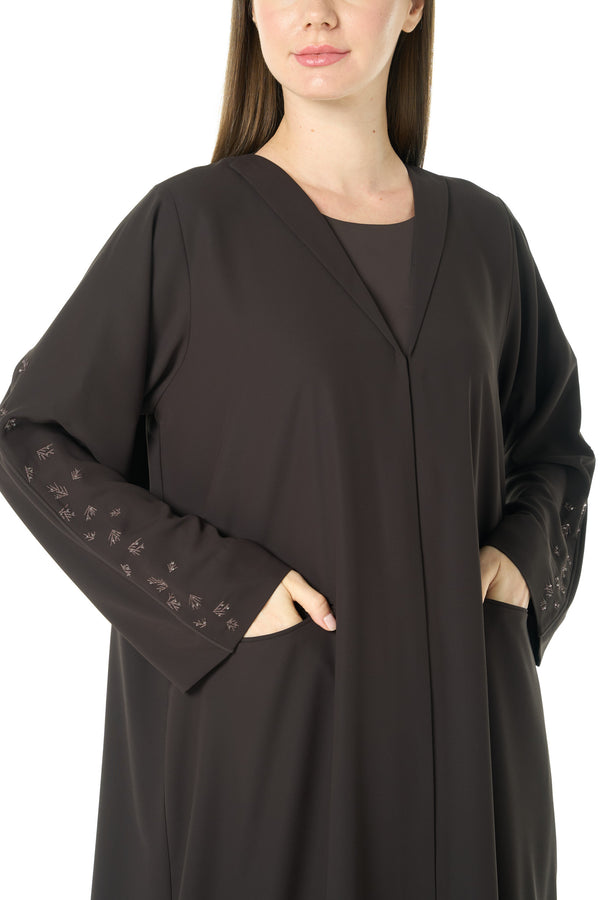 Brown Cool Crepe Abaya with Front Beadwork