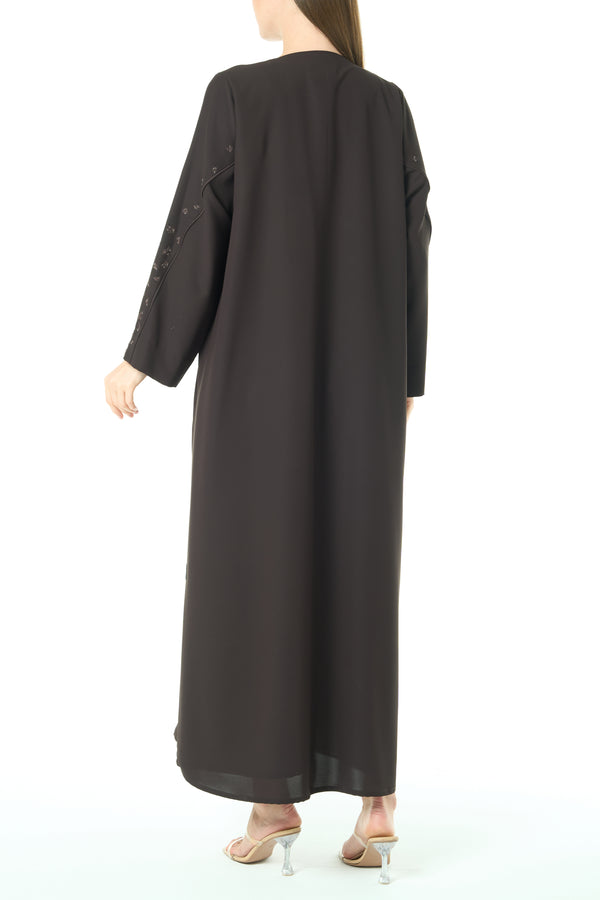 Brown Cool Crepe Abaya with Front Beadwork