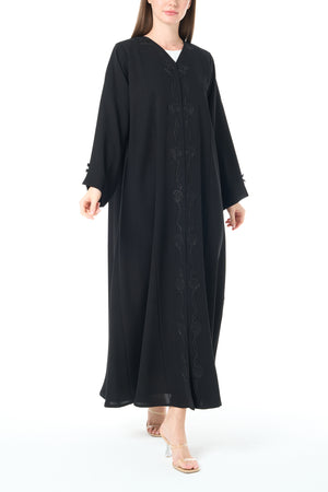 Black Farasha Crepe Abaya with Centre Tatreez Embroidery