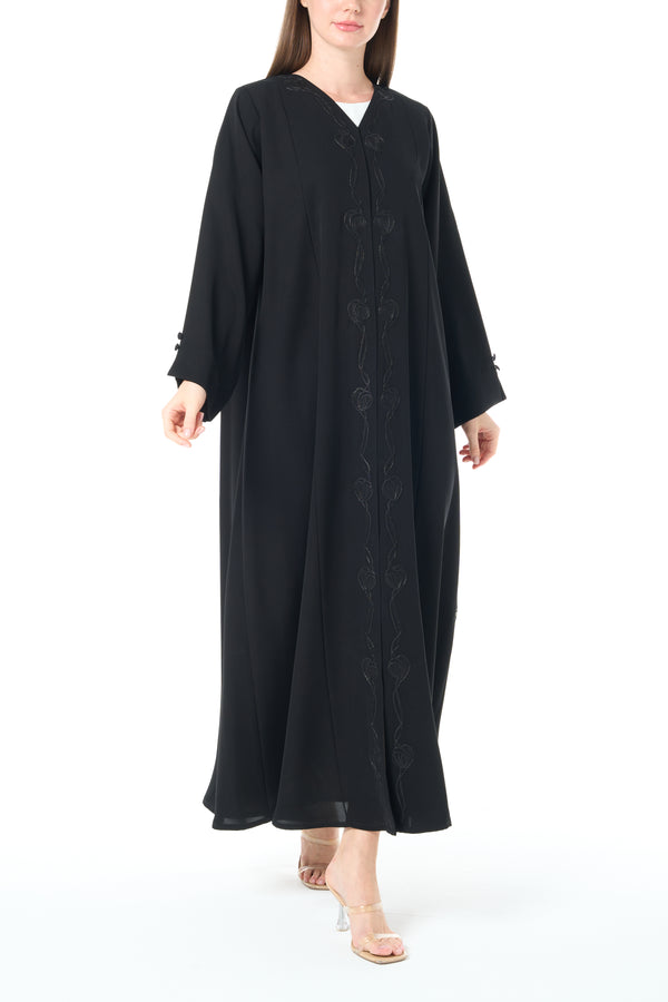 Black Farasha Crepe Abaya with Centre Tatreez Embroidery