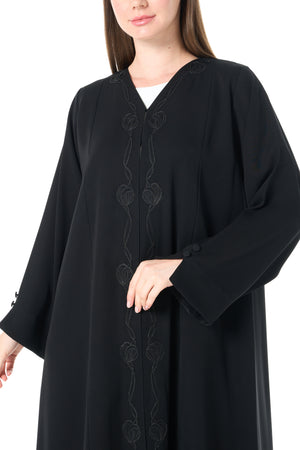 Black Farasha Crepe Abaya with Centre Tatreez Embroidery