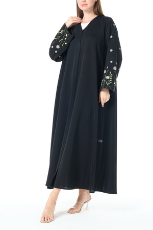 Black Reem Nada Abaya with Floral Embroidered Sleeves