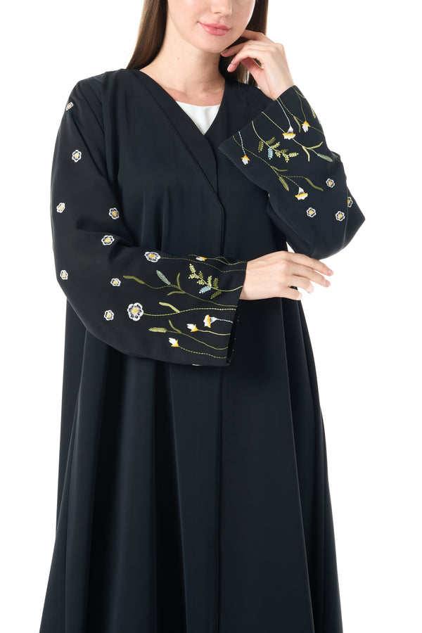 Black Reem Nada Abaya with Floral Embroidered Sleeves