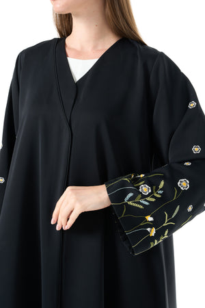 Black Reem Nada Abaya with Floral Embroidered Sleeves