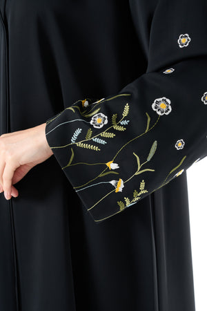 Black Reem Nada Abaya with Floral Embroidered Sleeves