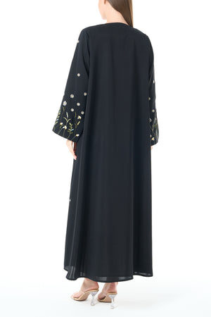 Black Reem Nada Abaya with Floral Embroidered Sleeves