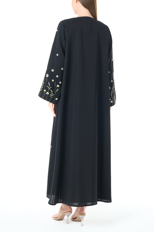 Black Reem Nada Abaya with Floral Embroidered Sleeves