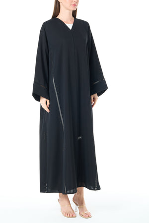 Black Reem Nada Custom Abaya with Subtle Lace Accents
