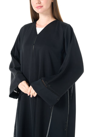 Black Reem Nada Custom Abaya with Subtle Lace Accents