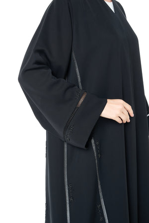 Black Reem Nada Custom Abaya with Subtle Lace Accents