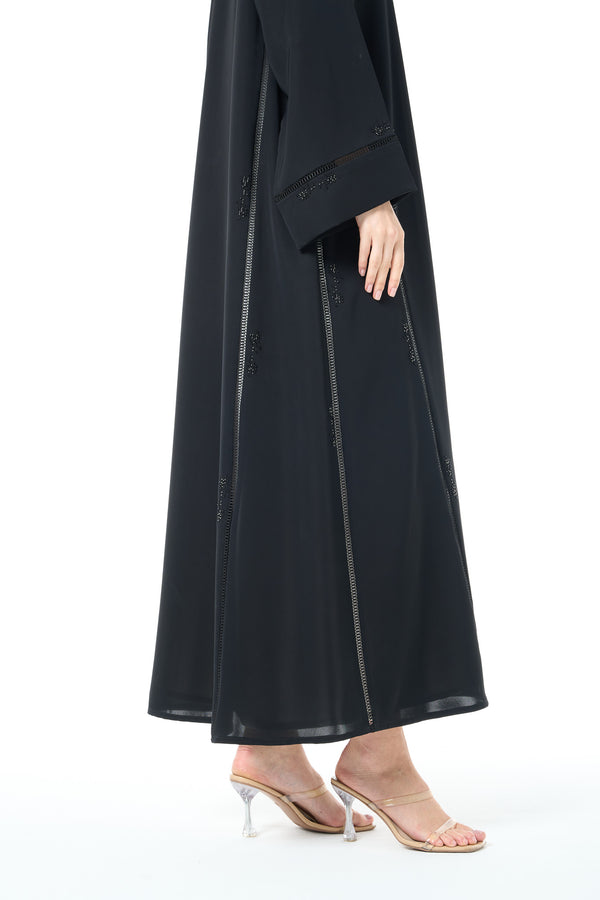 Black Reem Nada Custom Abaya with Subtle Lace Accents