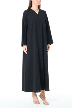 Black Lio Crepe Custom Abaya with Delicate Bead Embellishment