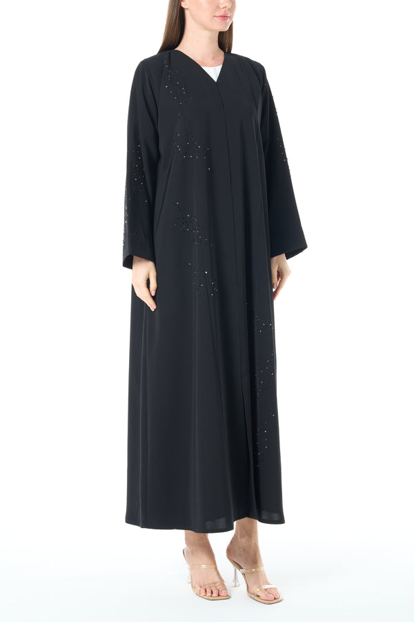 Black Lio Crepe Custom Abaya with Delicate Bead Embellishment