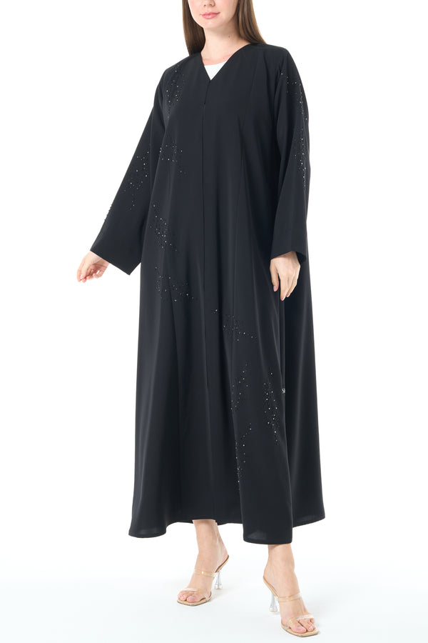 Black Lio Crepe Custom Abaya with Delicate Bead Embellishment