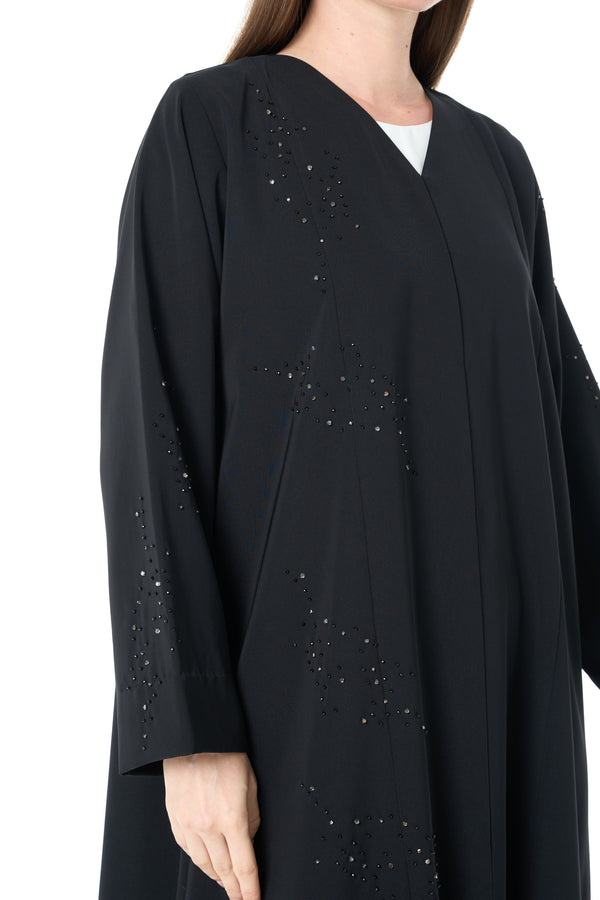 Black Lio Crepe Custom Abaya with Delicate Bead Embellishment