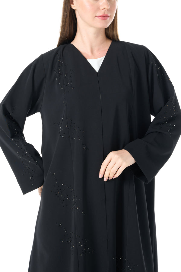 Black Lio Crepe Custom Abaya with Delicate Bead Embellishment