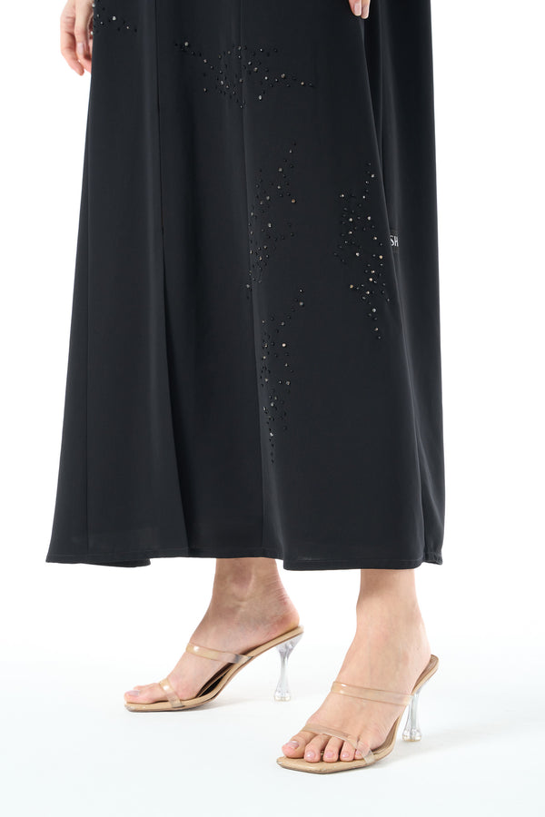 Black Lio Crepe Custom Abaya with Delicate Bead Embellishment