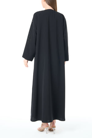 Black Lio Crepe Custom Abaya with Delicate Bead Embellishment
