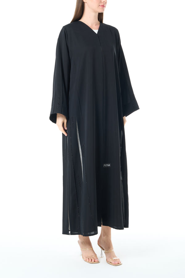 Jet Black Reem Nada Custom Abaya with Shoulder Lace and Sleeve Tyre Detail