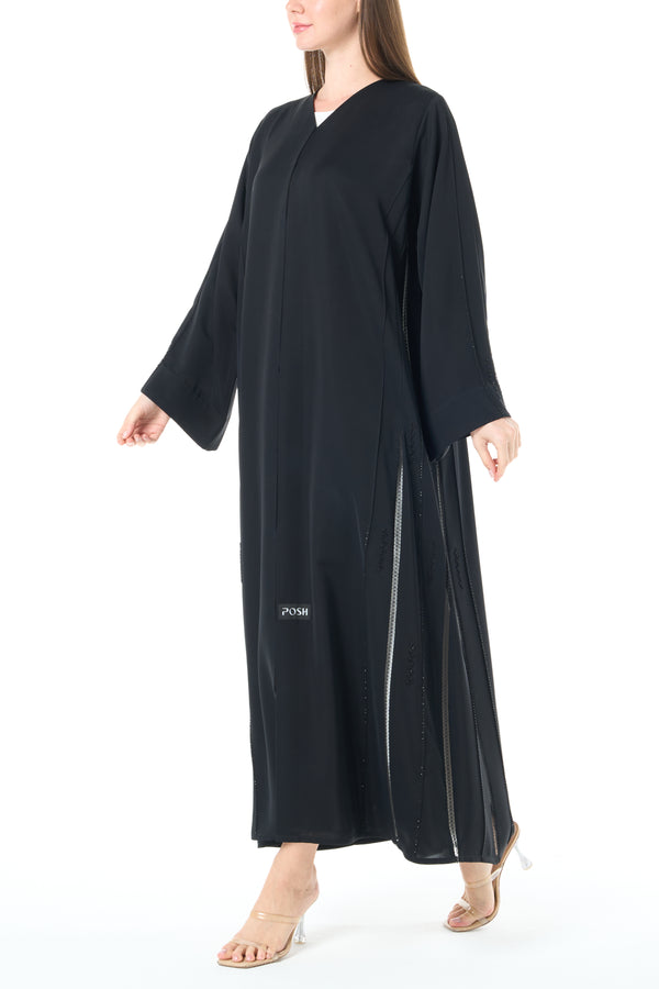 Jet Black Reem Nada Custom Abaya with Shoulder Lace and Sleeve Tyre Detail