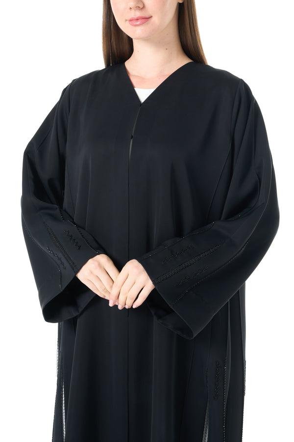 Jet Black Reem Nada Custom Abaya with Shoulder Lace and Sleeve Tyre Detail