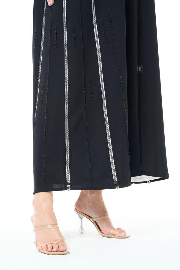 Jet Black Reem Nada Custom Abaya with Shoulder Lace and Sleeve Tyre Detail