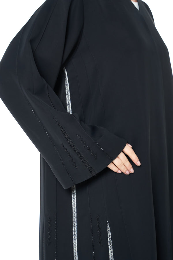 Jet Black Reem Nada Custom Abaya with Shoulder Lace and Sleeve Tyre Detail
