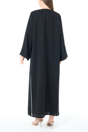 Jet Black Reem Nada Custom Abaya with Shoulder Lace and Sleeve Tyre Detail