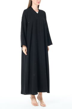 Black Reya Crepe Custom Abaya with Klosh Cut and Hand Beadwork Detail