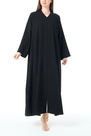 Black Reya Crepe Custom Abaya with Klosh Cut and Hand Beadwork Detail