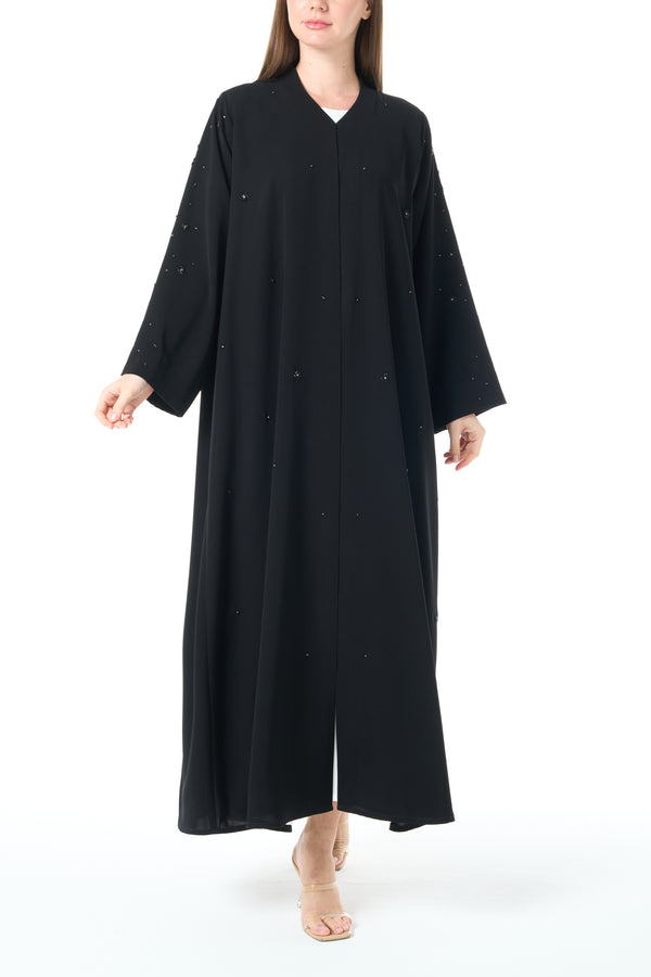 Black Reya Crepe Custom Abaya with Klosh Cut and Hand Beadwork Detail