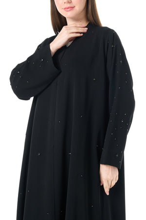Black Reya Crepe Custom Abaya with Klosh Cut and Hand Beadwork Detail