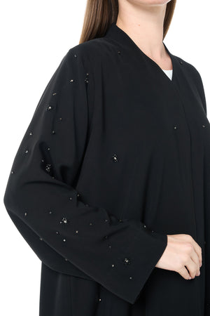 Black Reya Crepe Custom Abaya with Klosh Cut and Hand Beadwork Detail