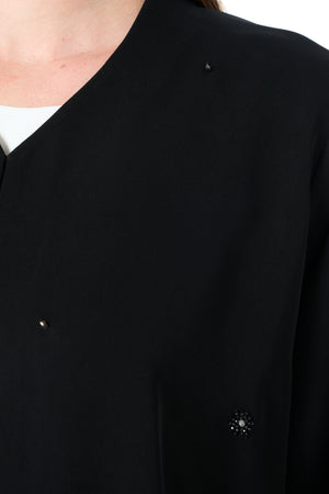 Black Reya Crepe Custom Abaya with Klosh Cut and Hand Beadwork Detail