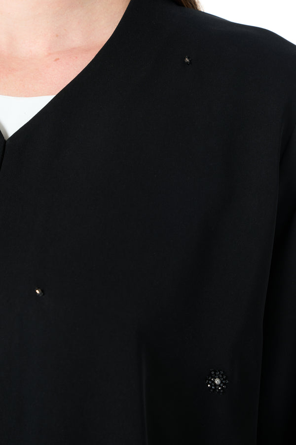Black Reya Crepe Custom Abaya with Klosh Cut and Hand Beadwork Detail