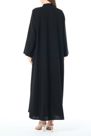 Black Reya Crepe Custom Abaya with Klosh Cut and Hand Beadwork Detail