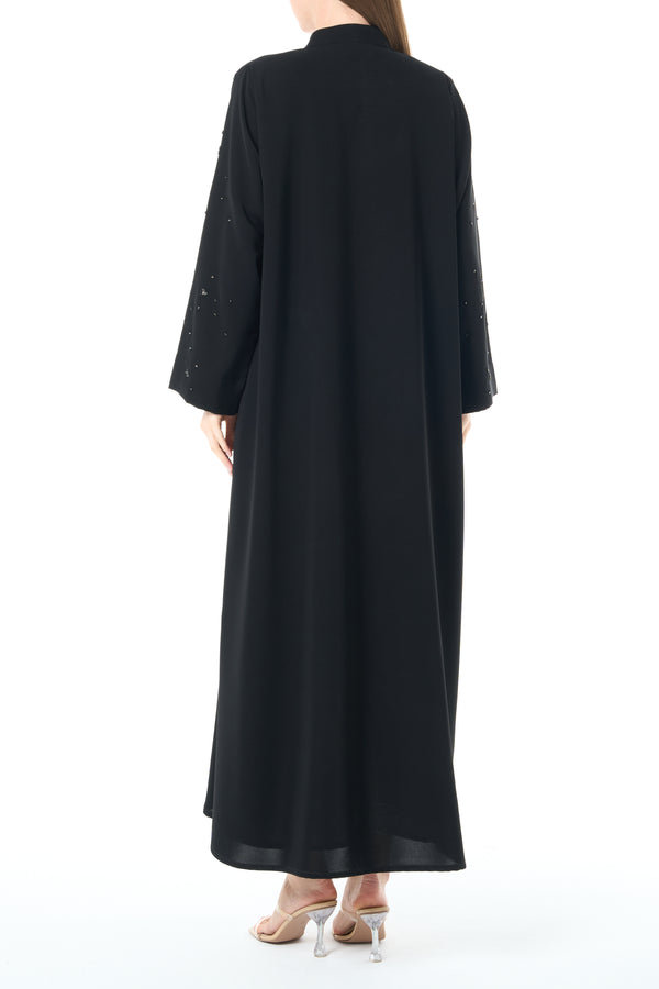 Black Reya Crepe Custom Abaya with Klosh Cut and Hand Beadwork Detail