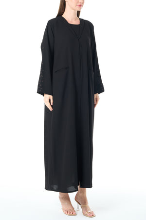 Black Claire Crepe Custom  Abaya with Front Beadwork