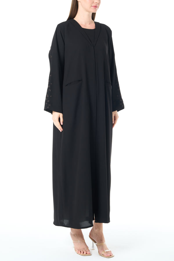 Black Claire Crepe Custom  Abaya with Front Beadwork