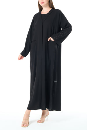 Black Claire Crepe Custom  Abaya with Front Beadwork